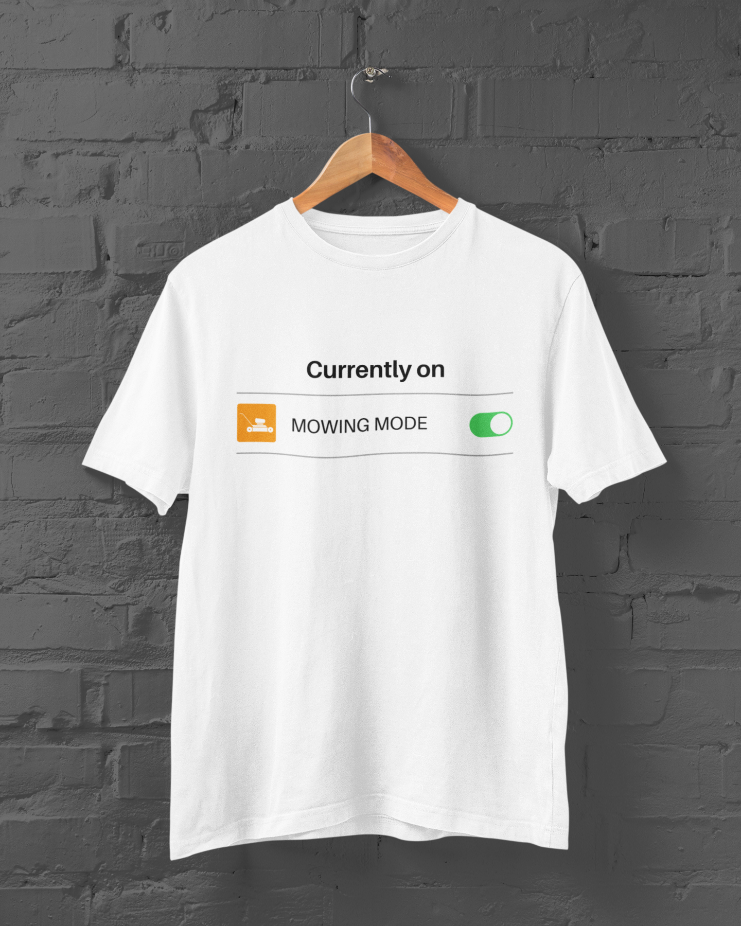 Our mowing mode shirt in the style of a cell phone on/off toggle. This is the perfect shirt for the mowing fanatic, brought to you by Landscaperapparel.com